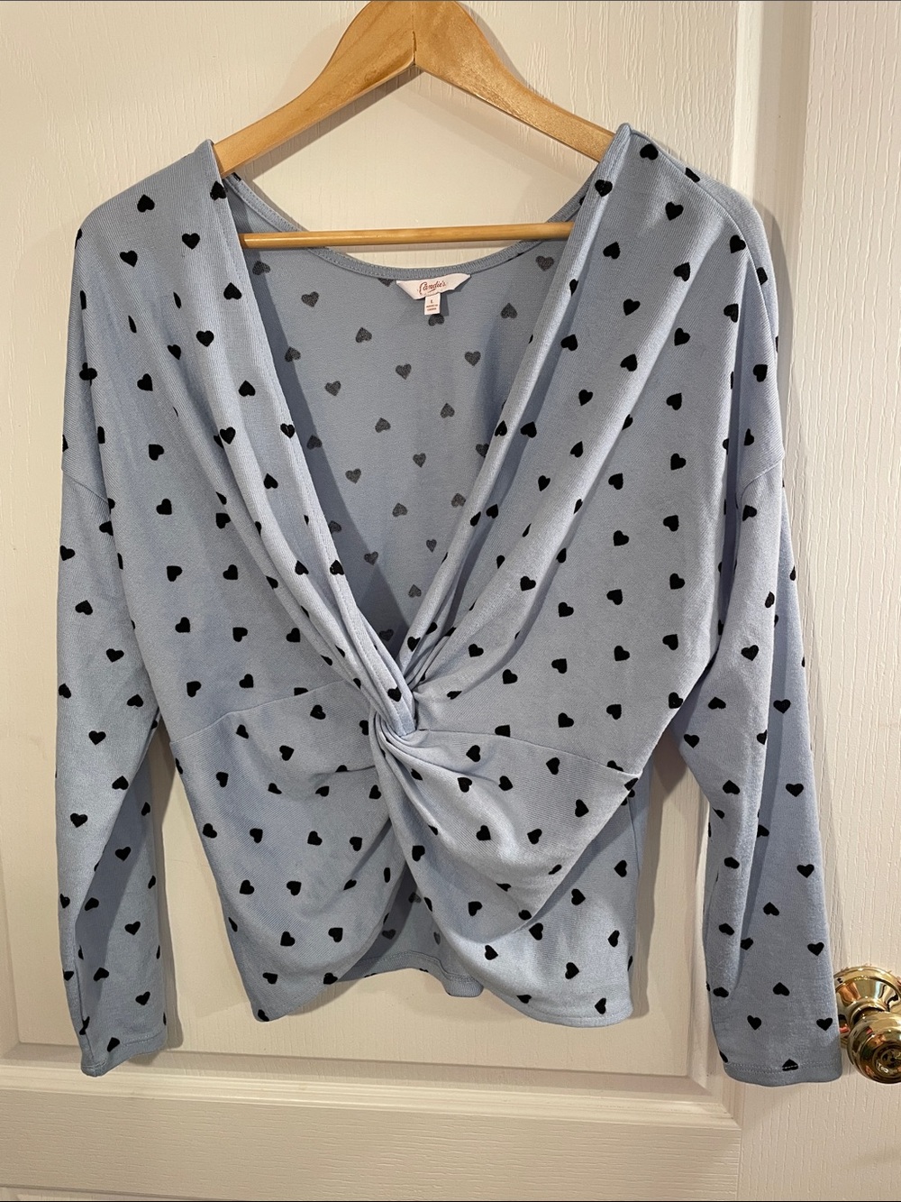 Candie's Light Blue Heart-Print Twist-Front Long Sleeve Top